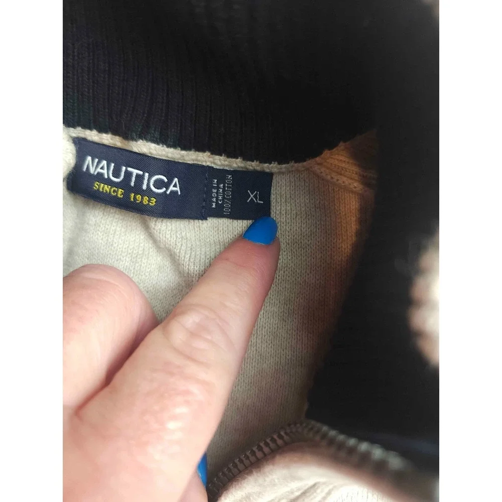 Nautica Full Zip Sweater Mens Size XL Beige Knit Mock Neck Long Sleeve Casual